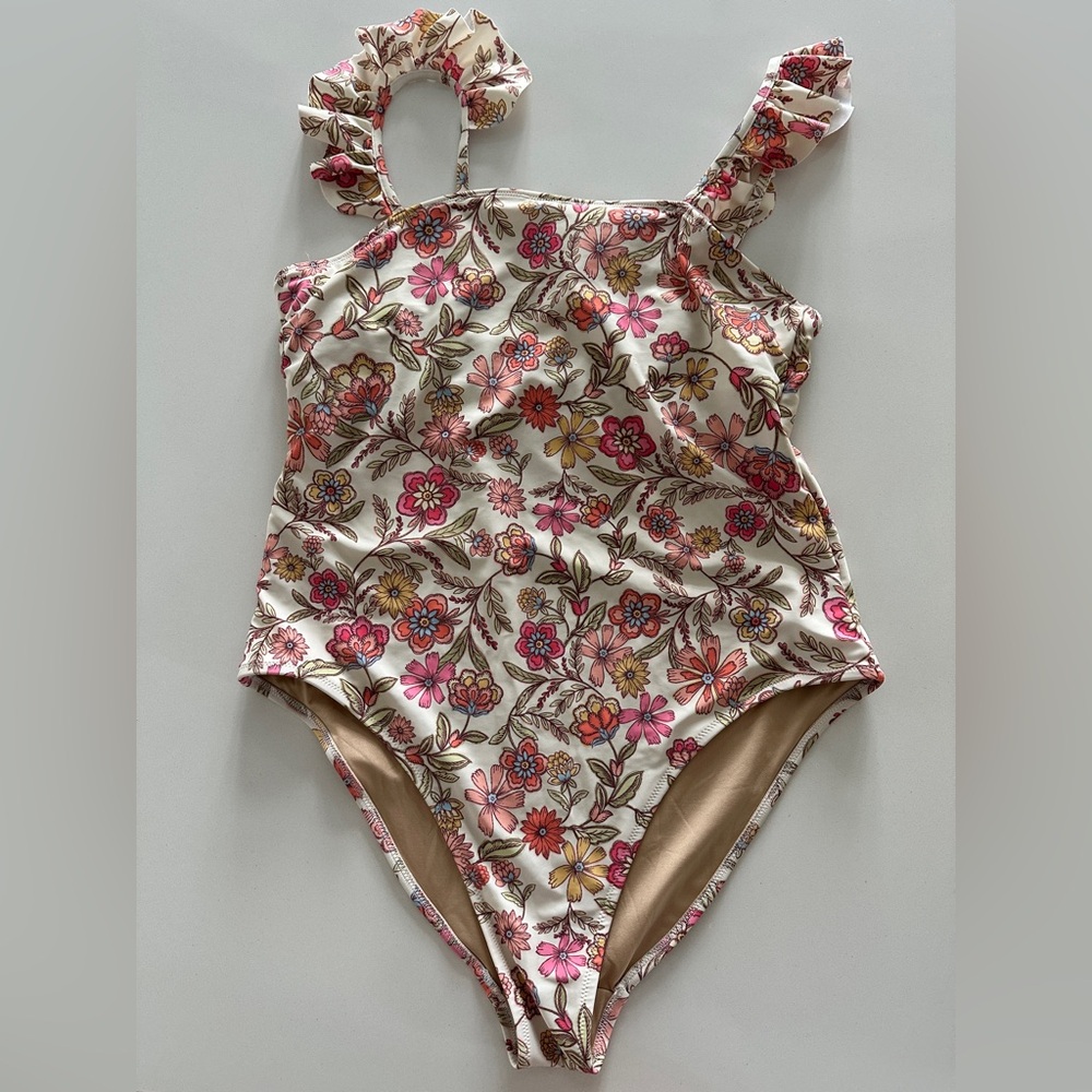 Old Navy Cream Floral Ruffle-Strap One-Piece Swimsuit